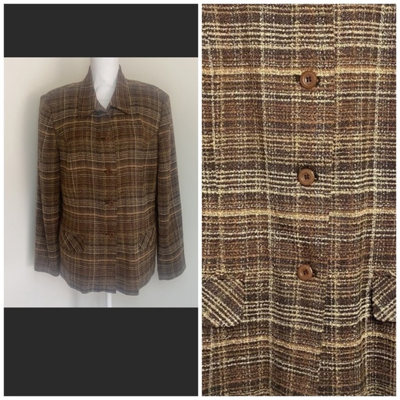 Vintage Plaid Blazer Jacket Brown Tan 14 Plus Size 70’s Preppy Classic Casuall - Picture 2 of 11